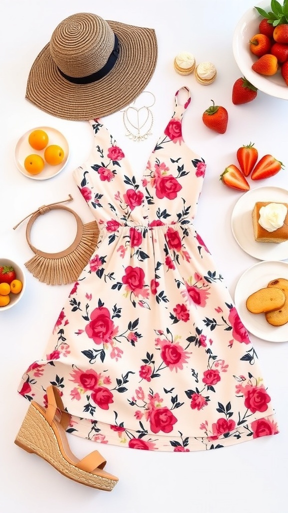 Brunch Party Outfit Ideas A fashionable brunch outfit featuring a sundress, sandals, and accessories, with a brunch table in the background.